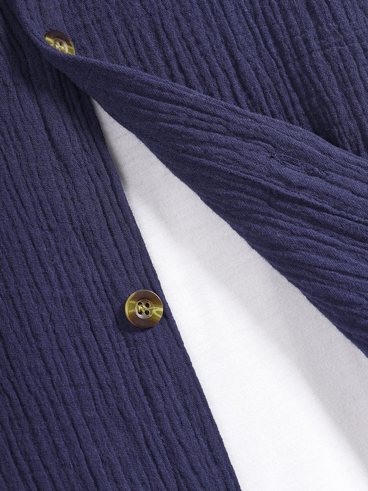 Men's pleated textured solid color short sleeve set